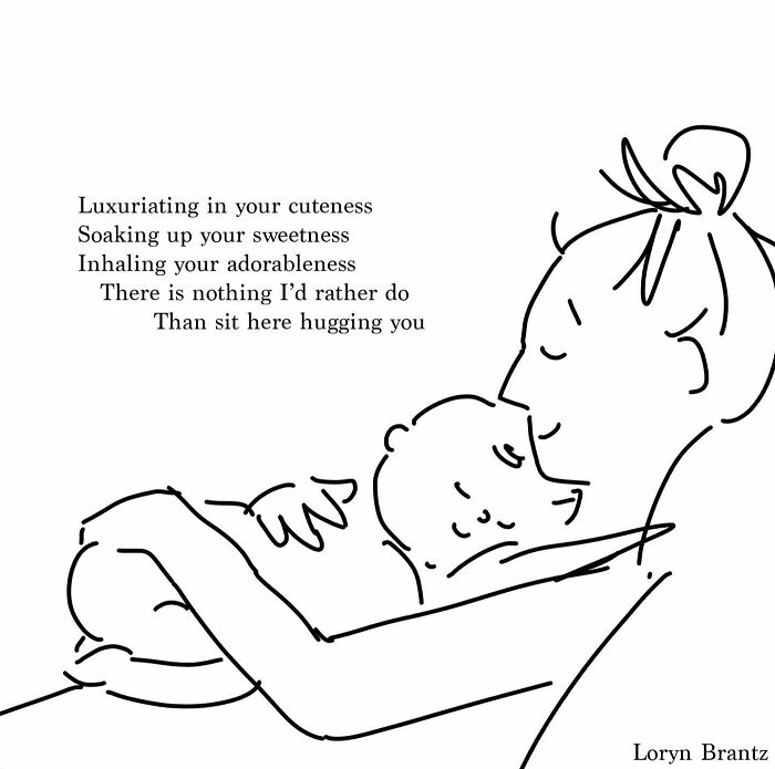 Line art of a parent hugging a baby with a poem about cuteness and sweetness, illustrating joys and challenges of parenting.
