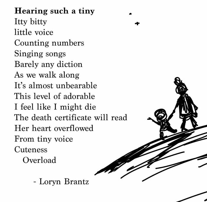 Poem about tiny voices and adorable moments, illustrating joys and challenges of parenting by Loryn Brantz with sketch.