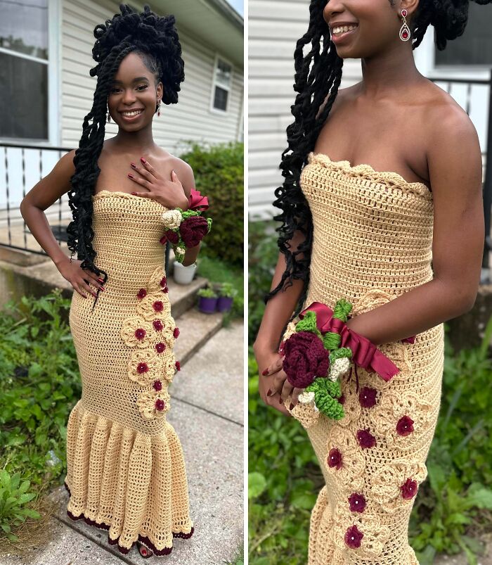 Young creative person wearing a handmade crocheted dress with floral details, showcasing cool projects and unique craftsmanship.