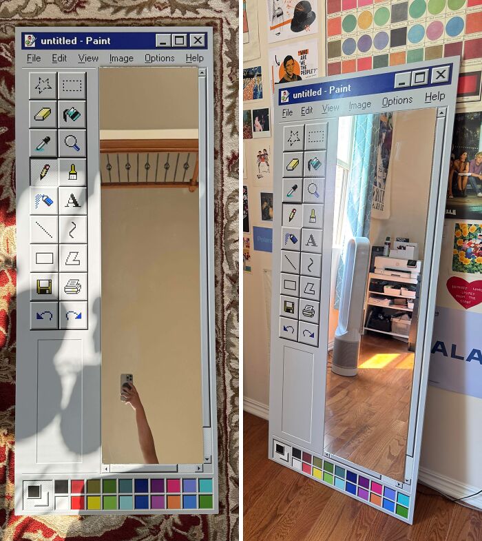 Mirror designed as a creative project resembling an old Paint program window with color palette and tool icons.