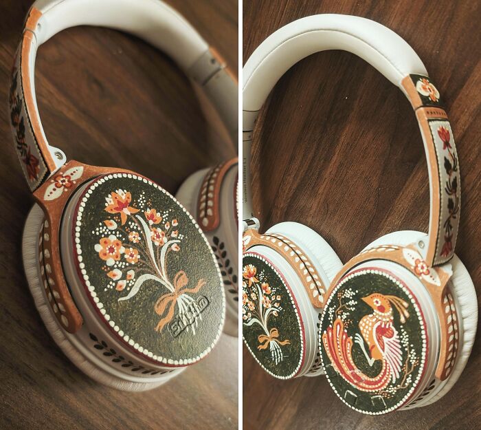 Hand-painted headphones with intricate floral and bird designs, showcasing creative people and their cool artistic projects.
