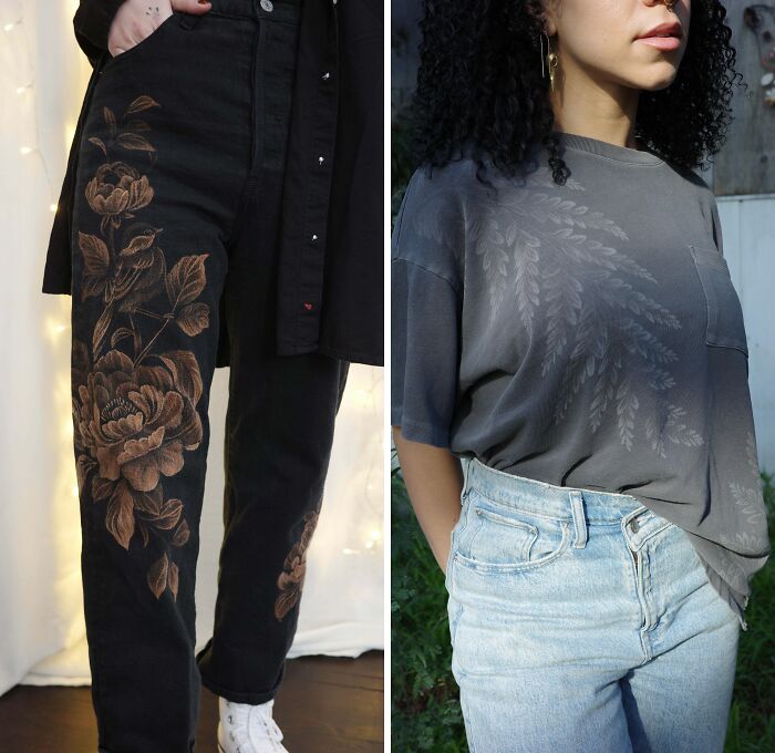 Creative people showcasing cool floral designs on black pants and a subtle leaf pattern on a gray t-shirt in casual outfits.
