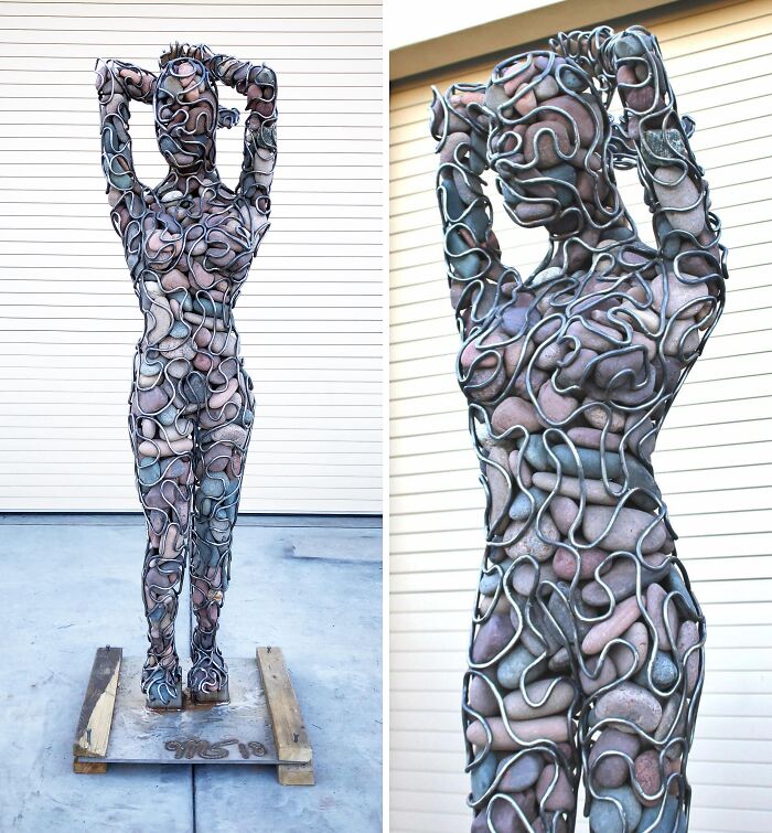 Sculpture of a human figure made from stones and metal wire, showcasing creative people and cool projects art.