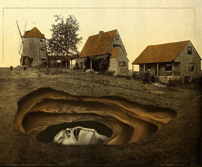 Surreal intricate collage showing a countryside scene with a windmill and hidden face beneath the earth, blending art and reality.