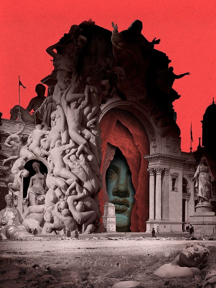 Intricate collage featuring classical sculptures intertwined around an ancient archway with a hidden large face inside.
