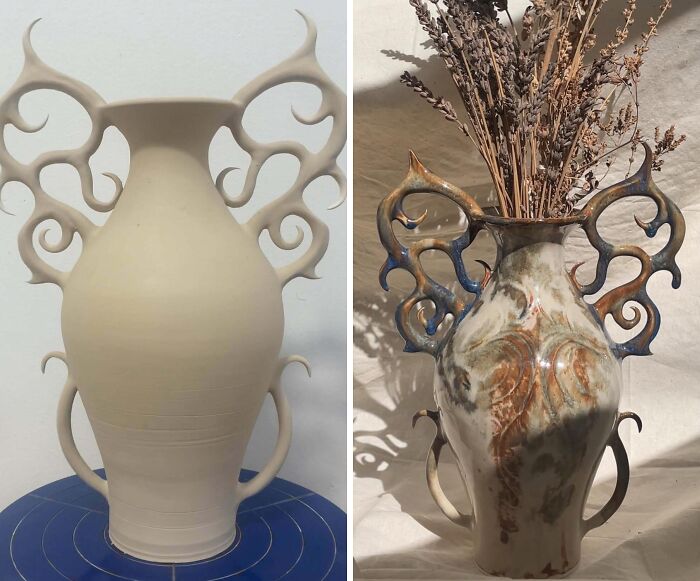 Unique ceramic vase created by a creative person with intricate, cool project inspired ornate handles and artistic glaze finish.