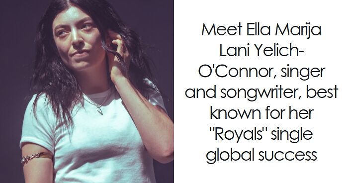 Lorde on stage with dark hair and white shirt, highlighting her bio and career highlights as a singer-songwriter.