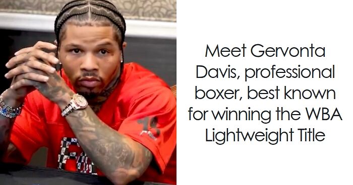 Gervonta Davis sitting with braided hair and tattoos, known professional boxer holding the WBA Lightweight Title.