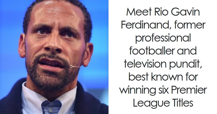 Close-up of Rio Ferdinand speaking with a microphone, highlighting his bio and career highlights as a footballer.