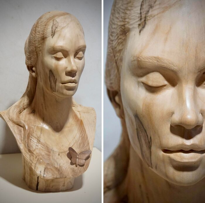 Wooden bust sculpture of a woman with closed eyes and a butterfly on the chest, showcasing creative people projects.
