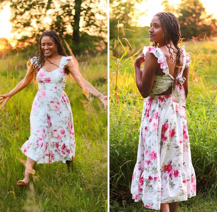 Creative woman in a floral dress enjoying nature outdoors, embodying artistic expression and cool project inspiration.