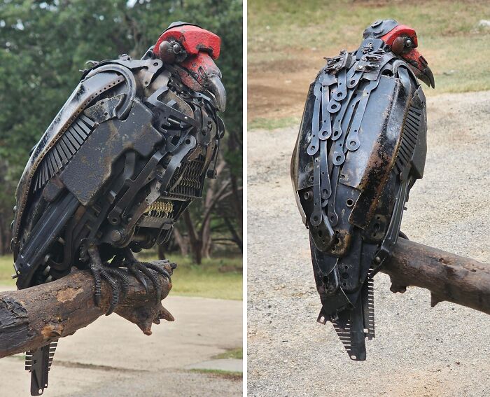 Metal sculpture of a bird made from recycled parts, showcasing creative people and their cool projects outdoors on branches.