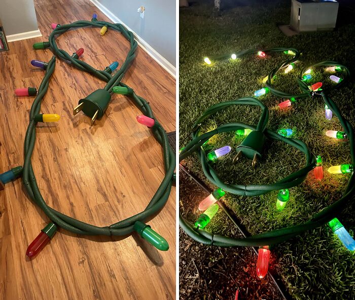 Giant vintage-style outdoor string lights shaped in a figure eight on wood and grass surfaces, creative project.