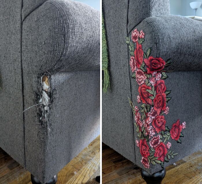 Side-by-side before and after of creative project repairing a torn gray couch with red floral embroidery.