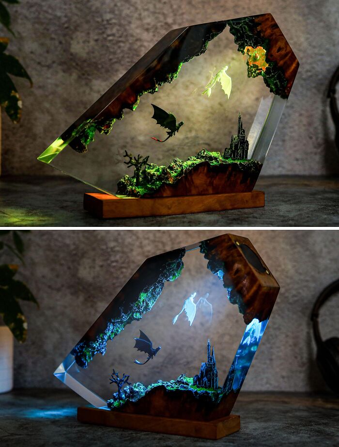 Artistic resin display featuring dragons and a castle, showcasing creative projects that inspire and challenge life choices.