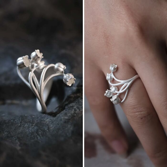 Silver floral ring designed by a creative person showcasing a cool project with delicate flower buds on multiple stems.