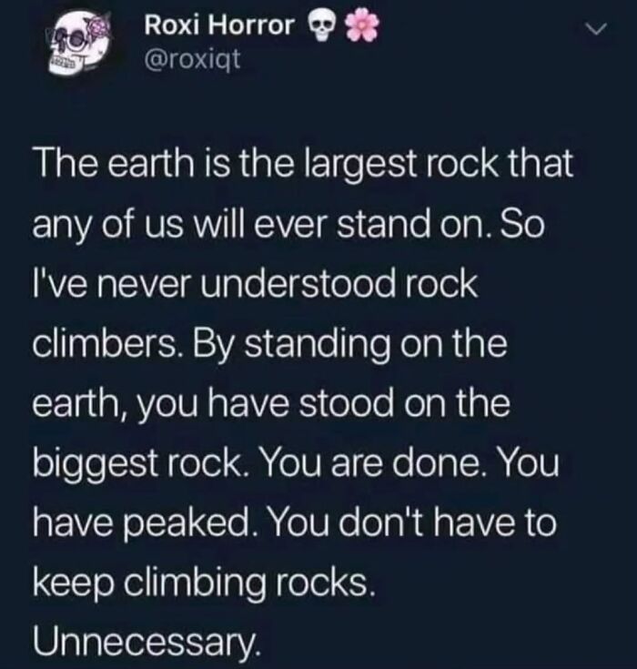 Funny educational meme about the earth as the largest rock and questioning the purpose of rock climbing.