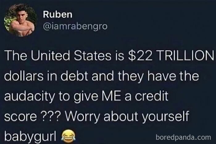 Funny meme about US debt and credit scores, perfect for scrolling through 38 funny memes instead of doing anything else.