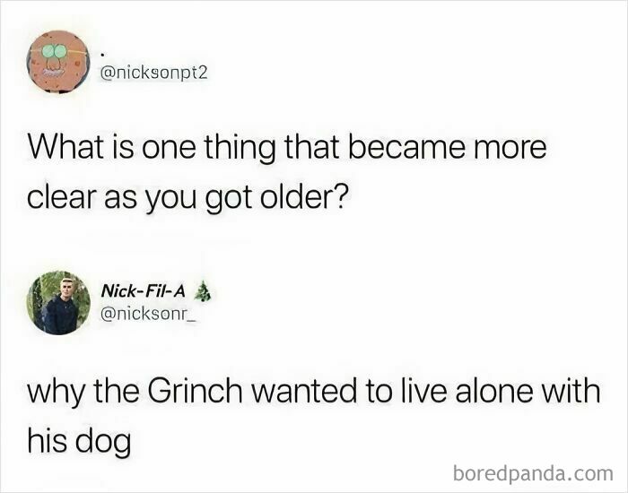 Funny meme text about understanding why the Grinch wanted to live alone with his dog as you get older.