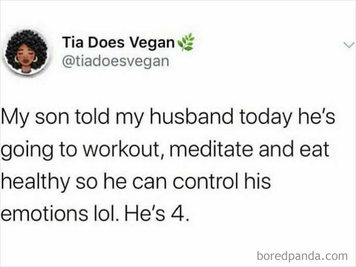 Funny meme about a 4-year-old planning to workout, meditate, and eat healthy to control emotions.