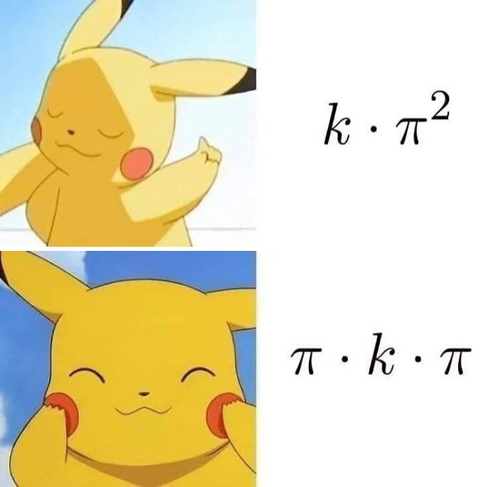 Pikachu meme showing math expressions with variables k and pi, illustrating a funny educational memes concept.