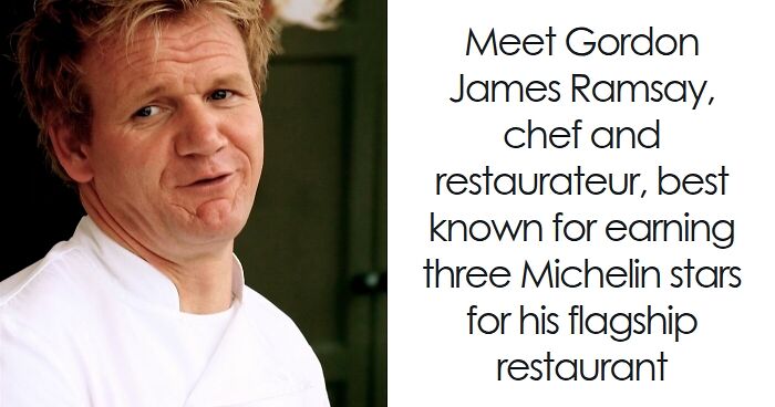 Gordon Ramsay in a white chef coat, known chef and restaurateur awarded three Michelin stars for his flagship restaurant.