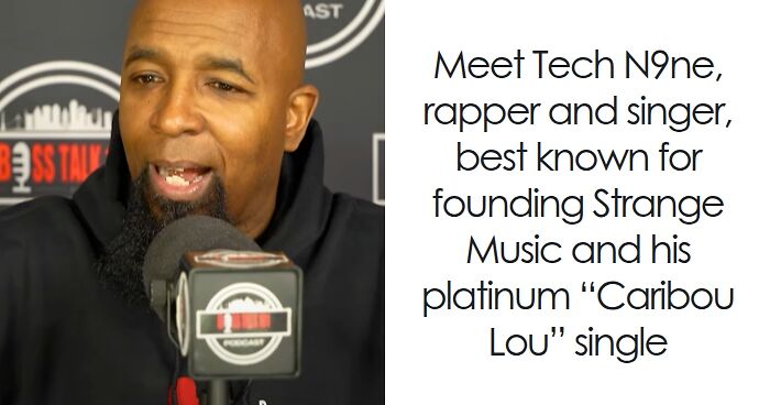 Tech N9ne speaking into a microphone during an interview, highlighting his bio and career in music.
