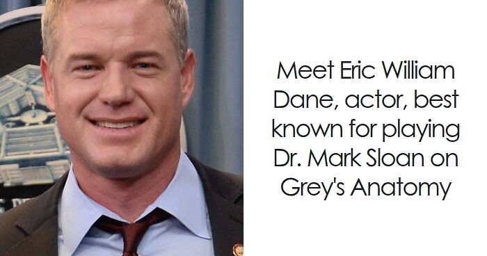 Headshot of Eric Dane smiling, wearing a suit and tie, highlighting his bio and career highlights as an actor.