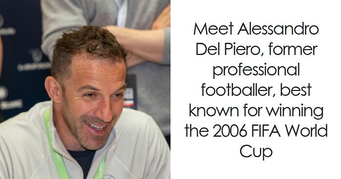 Alessandro Del Piero smiling and talking during an event, former professional footballer and World Cup winner.