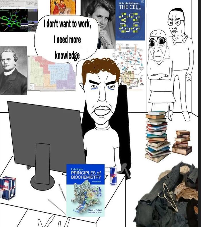 Cartoon person at a desk with biochemistry book and piles of books, expressing need for more knowledge in hilarious educational memes.