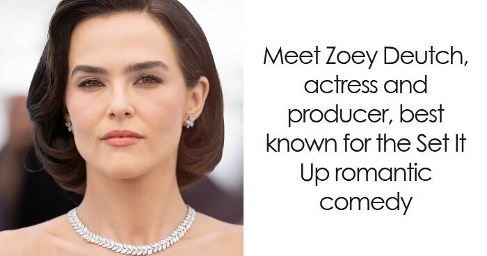 Zoey Deutch close-up portrait wearing diamond necklace and earrings, known actress in romantic comedy films.