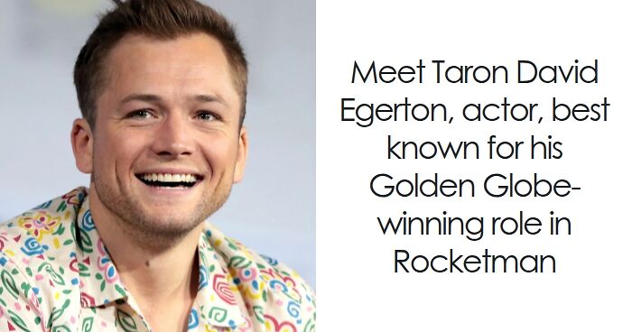 Taron Egerton smiling in a colorful shirt, highlighting his bio and career highlights in acting and film.