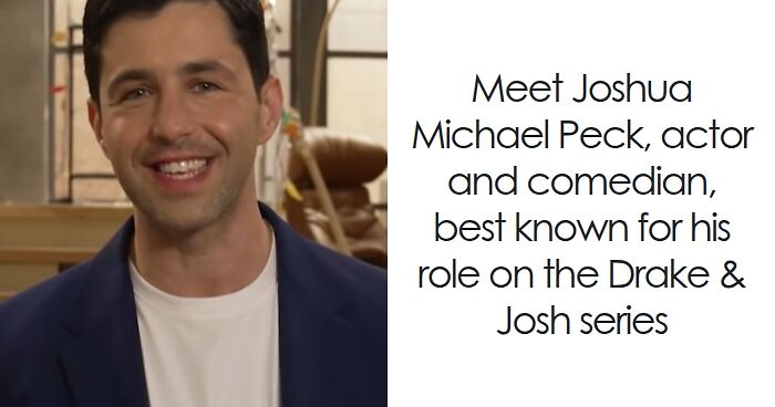 Josh Peck smiling, wearing a blue blazer and white shirt, sharing highlights from his bio and career.