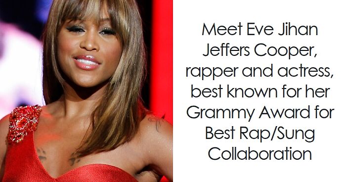 Eve, rapper and actress, in a red dress with sleek hair, highlighting key moments of her bio and career.