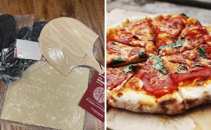 Pizza baking kit with peel, gloves, and dough next to freshly baked pepperoni pizza, ideal for impossible to shop for people.