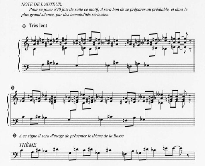 Sheet music with annotations in French, illustrating a historical music motif related to hilarious historical events.