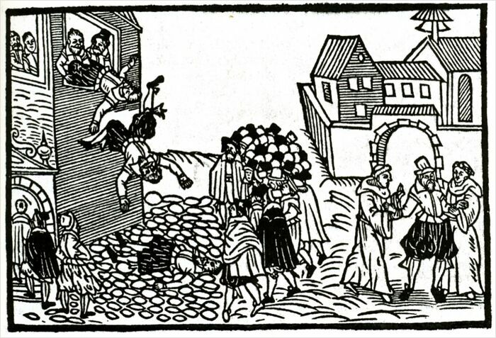 Woodcut illustration of historical event with crowd scene and medieval figures, highlighting hilarious historical events concept.