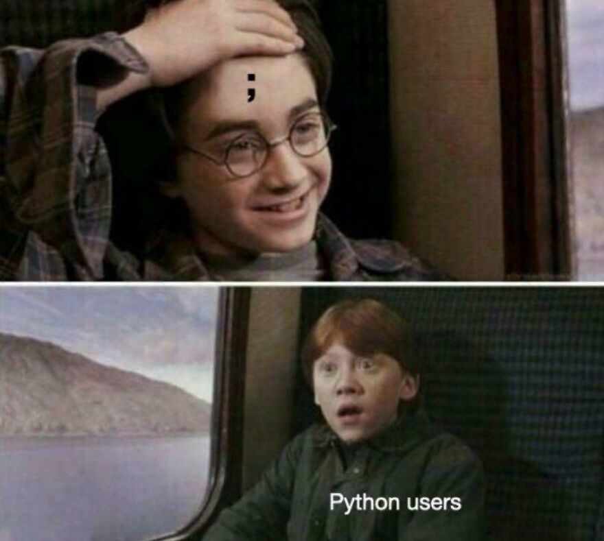Boy with glasses smiling with a semicolon on his forehead, surprised boy labeled Python users, programming memes on debugging.