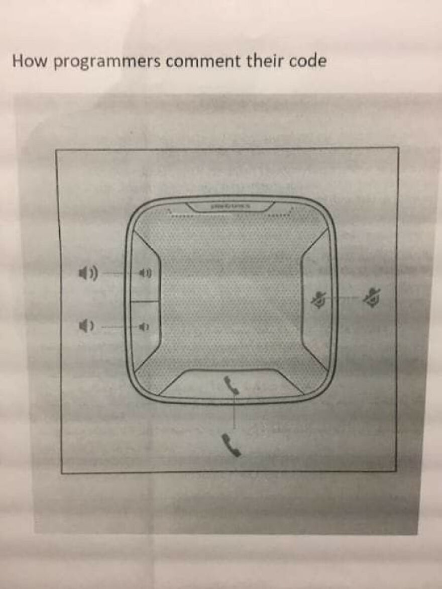 Diagram humorously illustrating how programmers comment code using speaker and call icons, reflecting common debugging struggles.