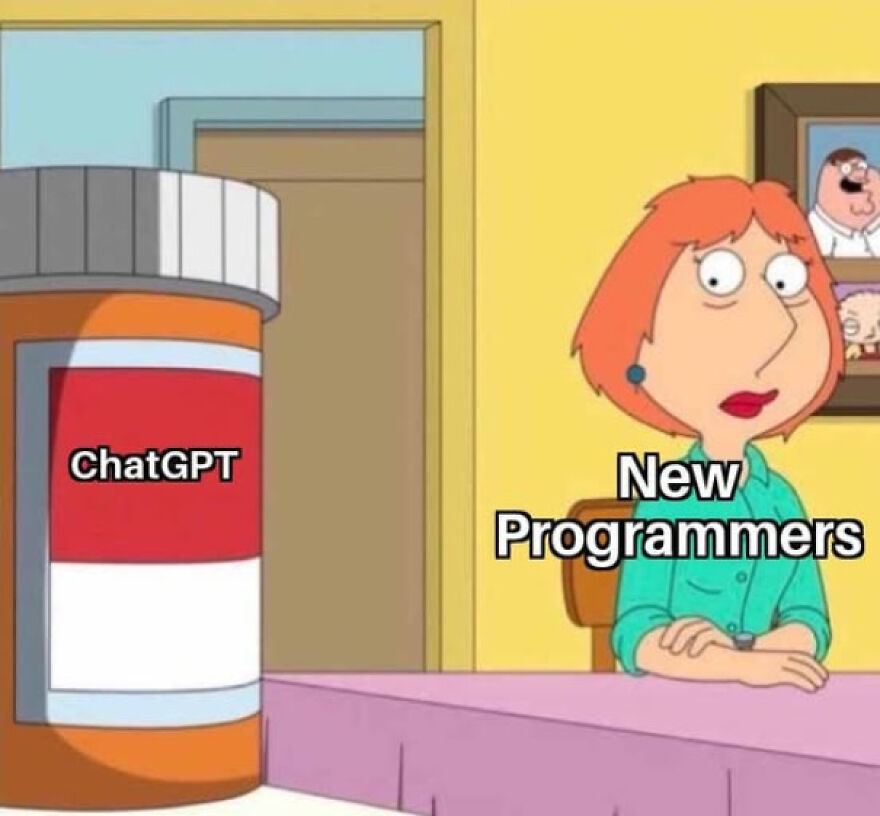 Family Guy character representing new programmers looking at a large ChatGPT pill, depicting programming memes and debugging struggles.