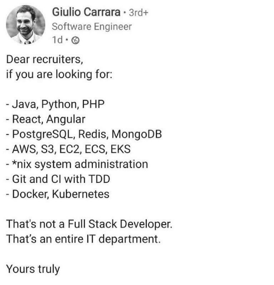 LinkedIn post from a software engineer listing numerous programming skills, highlighting the universal struggle of debugging.