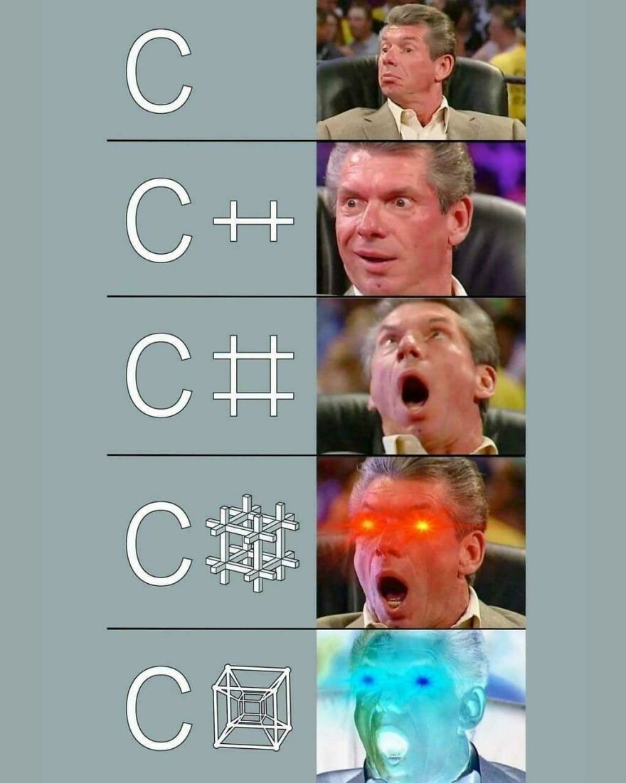 Man reacting increasingly amazed to different variations of the C programming language in funny programming memes about debugging.