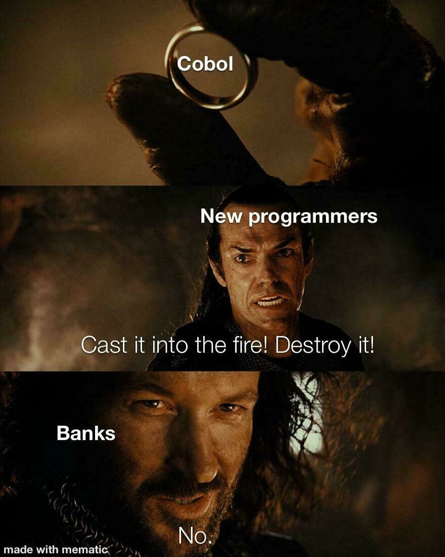Programming meme featuring COBOL, new programmers, and banks referencing debugging as a universal struggle.