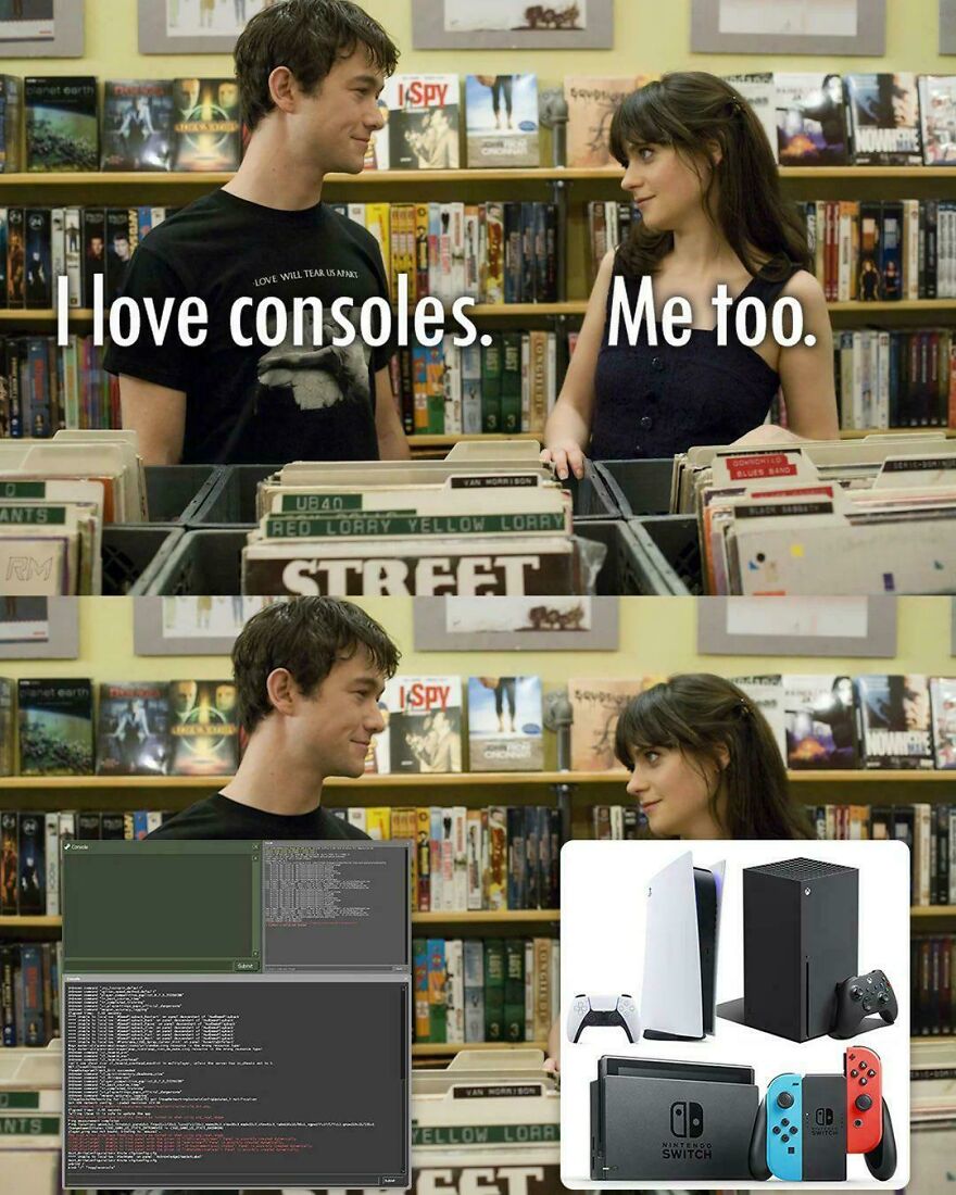 Two people smiling at each other with programming code and gaming consoles, highlighting debugging as a universal struggle.