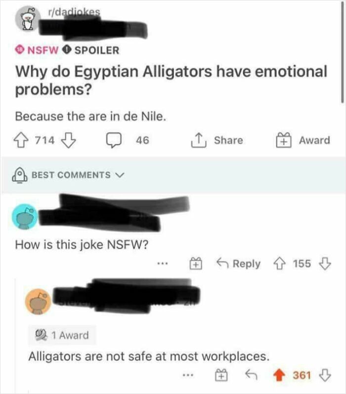 Screenshot of a Reddit joke about Egyptian alligators showing unhinged pics of people doing exactly what they were asked to do.