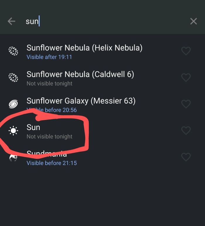 Search results showing Sun and related celestial objects highlighted, illustrating unhinged pics of people doing exactly what they were asked.