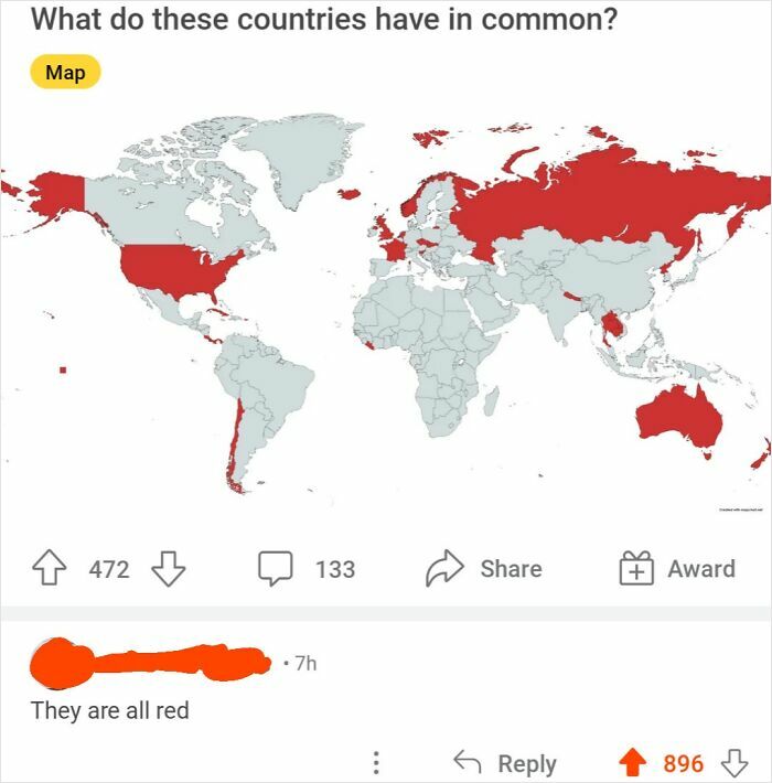 Map showing countries highlighted in red with a humorous comment pointing out they are all red, related to unhinged pics.