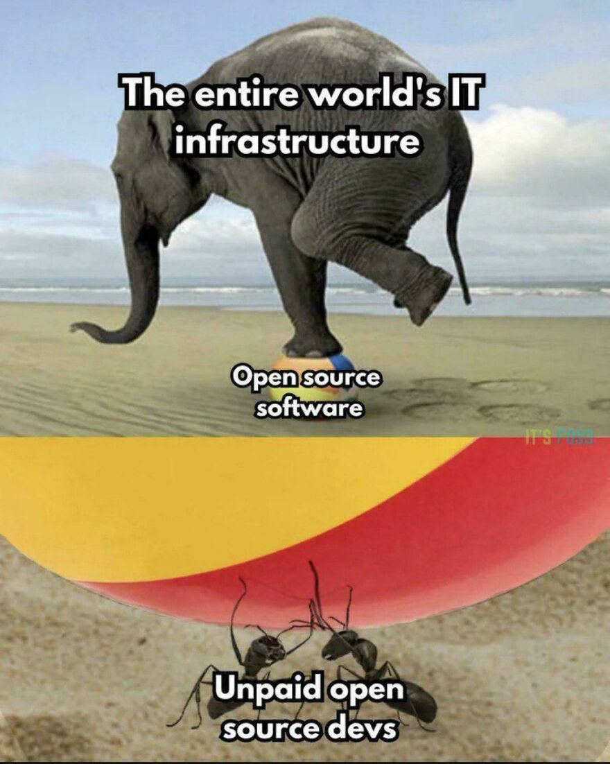 Elephant representing IT infrastructure balanced on a ball labeled open source software, with ants labeled unpaid open source devs.