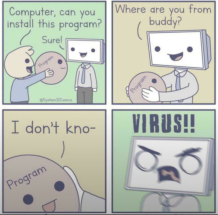 Comic strip showing a computer with a face reacting dramatically to a program, illustrating the struggles of debugging in programming.