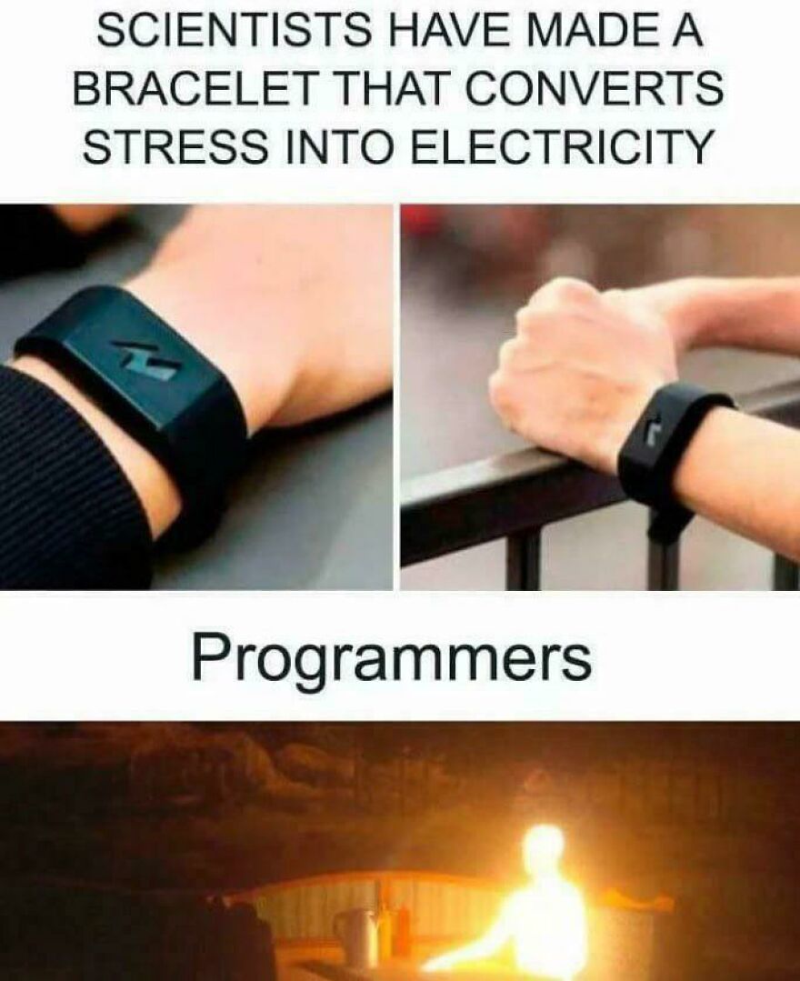 Bracelet converting stress into electricity with programmers glowing from debugging struggle meme.